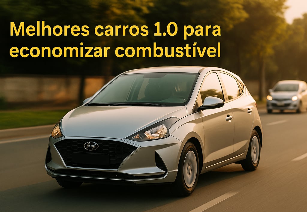 Hyundai HB20 2023 em movimento com texto sobre economia de combustível.