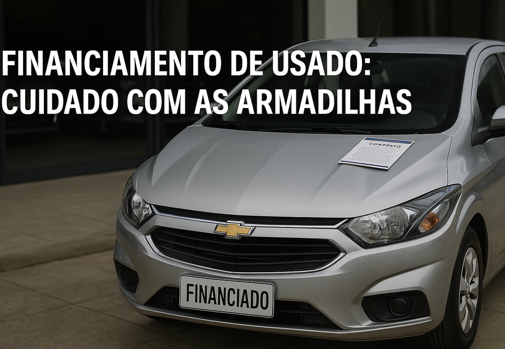 Carro usado em frente a concessionária com contrato no capô e frase sobre financiamento no topo.