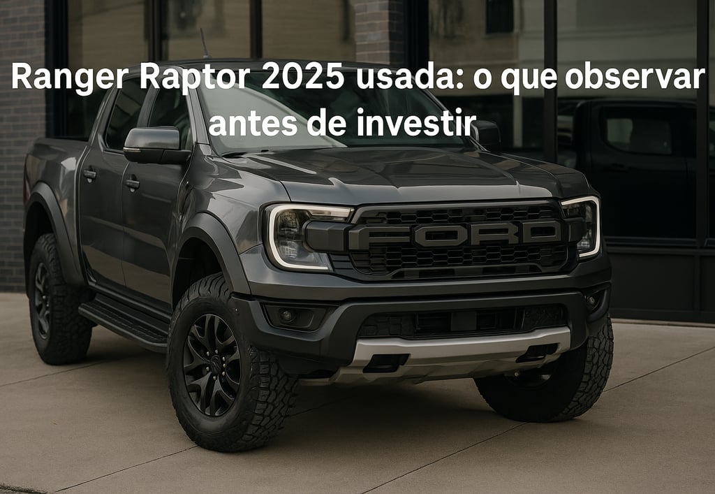 Ford Ranger Raptor 2025 cinza estacionada em frente a loja de carros, destacando porte e visual robu