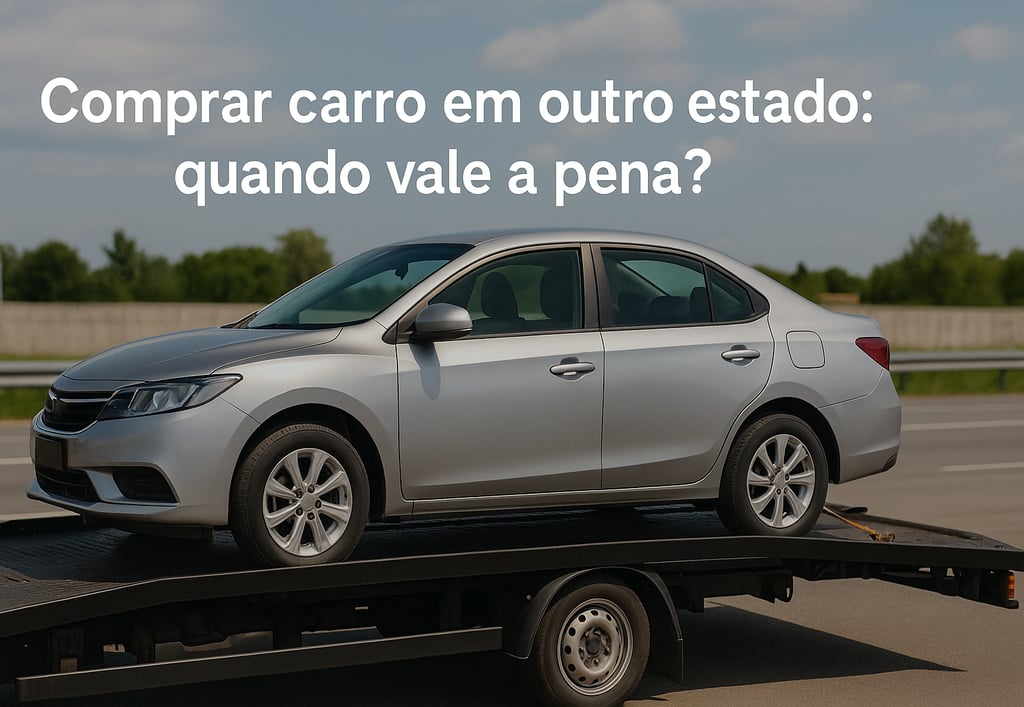 Carro usado tipo sedã sendo transportado em reboque aberto por estrada, representando compra interes