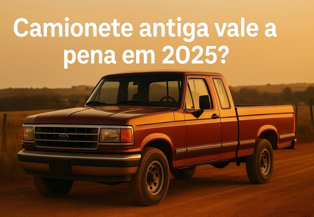 Camionete Ford antiga vermelha estacionada em estrada de terra ao entardecer, com a frase “Camionete