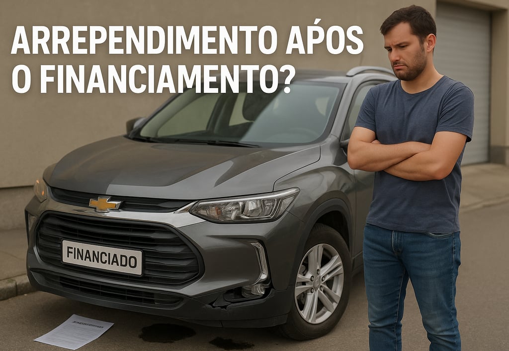 "Jovem ao lado de um Chevrolet Tracker 2022, com expressão de arrependimento após o financiamento, s