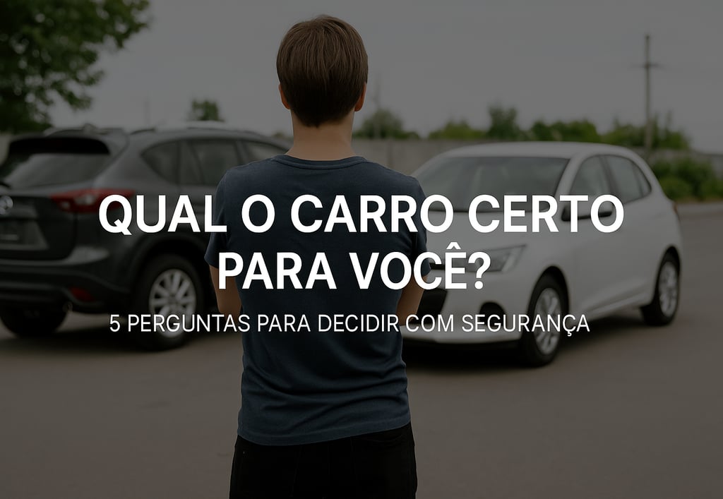 Pessoa de costas analisando dois carros estacionados, um SUV e um hatch, em pátio aberto, representa