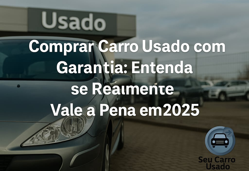Carro usado cinza escuro estacionado em frente a uma concessionária com placa "Usado". Texto na imag
