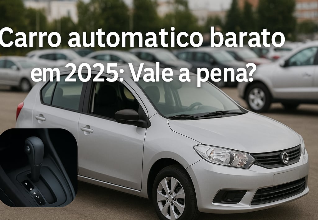 Carro hatch automático prateado estacionado em pátio de usados, com destaque para o câmbio automátic