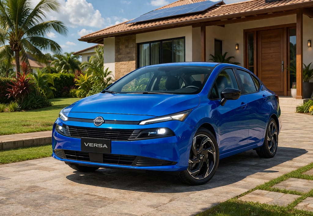 Nissan Versa 2027 azul em ambiente residencial moderno
