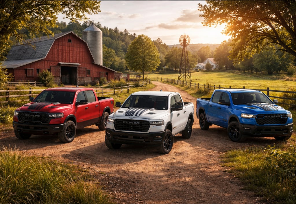 Ram 1500 America250 edição especial em cenário de fazenda com caminhonetes vermelha, branca e azul