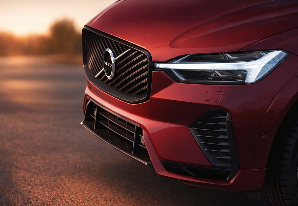Volvo XC60 2026 híbrido em detalhe frontal com farol LED e grade premium