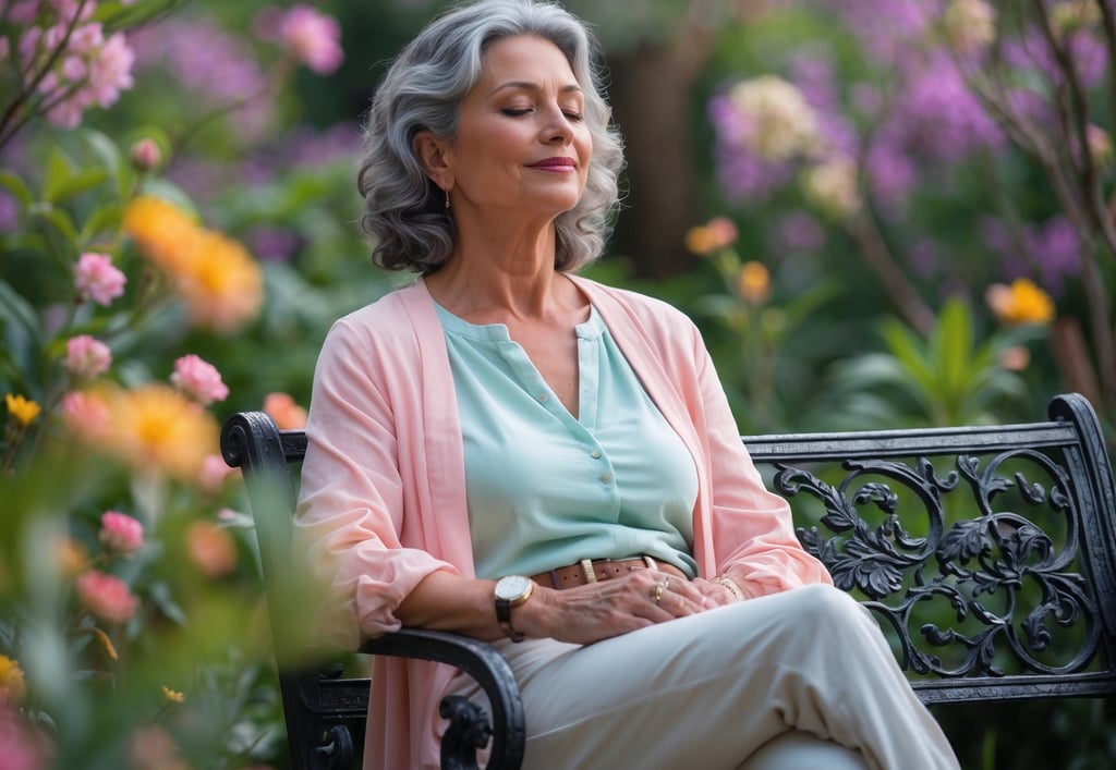 women in her 50's sitting peacefully on a park bench besides blooming flowers