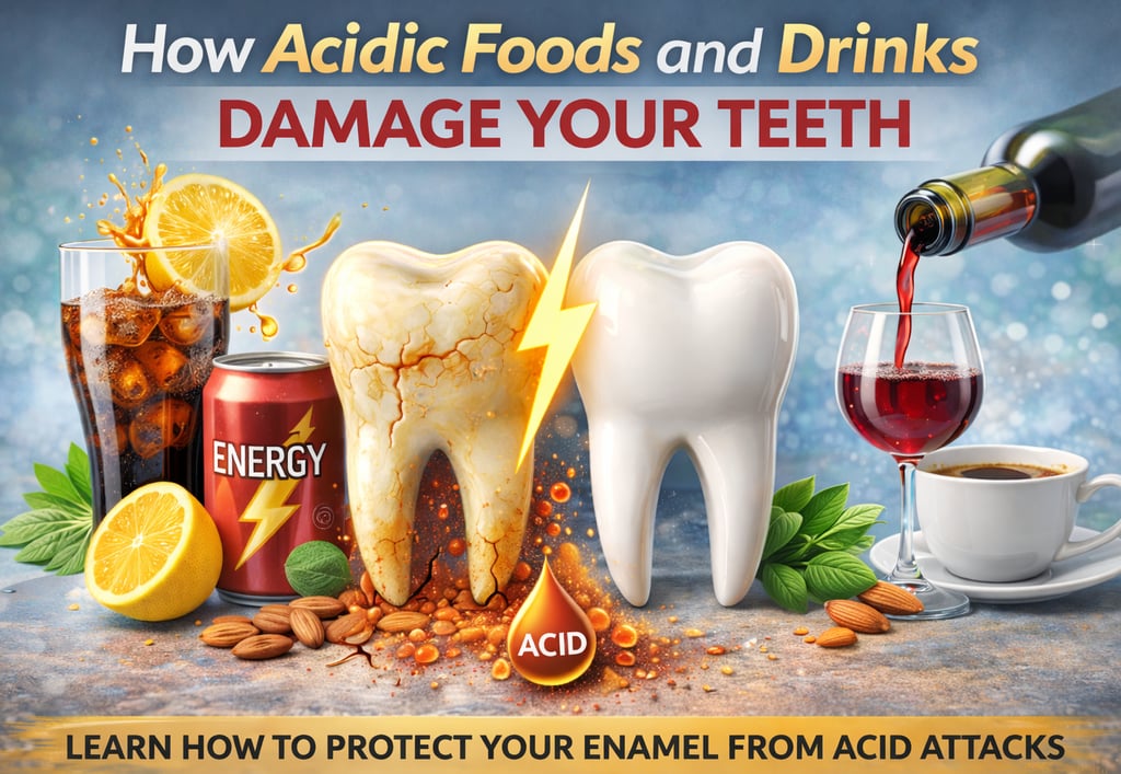 Close-up dental health banner showing a visibly cracked and eroded tooth surrounded by acidic foods