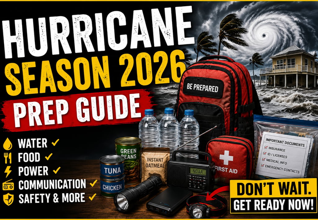 Hurricane Season 2026 YouTube thumbnail with storm, emergency supplies, backpack, radio, food, water, and preparedness gear.