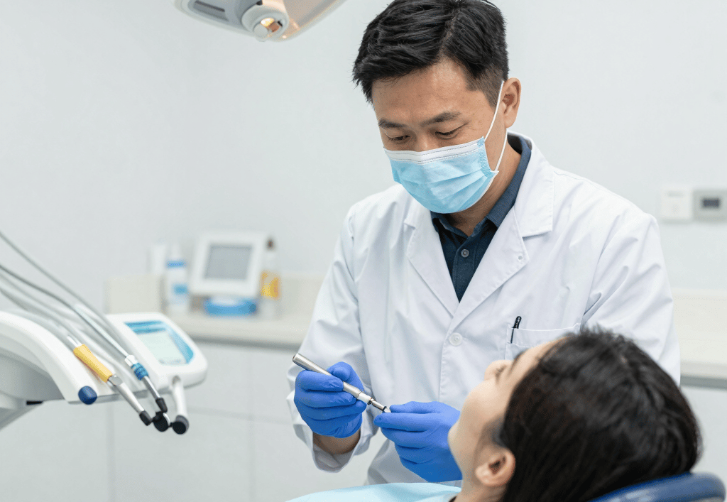 A bright, welcoming dental clinic room with soft teal and dental blue accents.