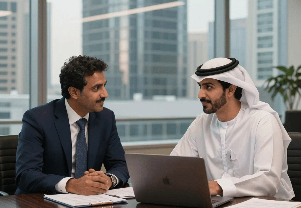 Two professional businessmen discussing a project on a laptop in a modern Dubai office.