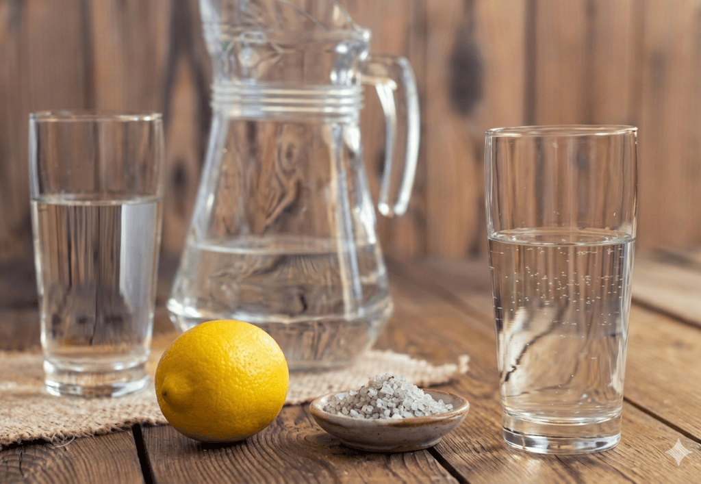 Caraffe d'eau avec deux verres et sur la table un citron et du sel de mer