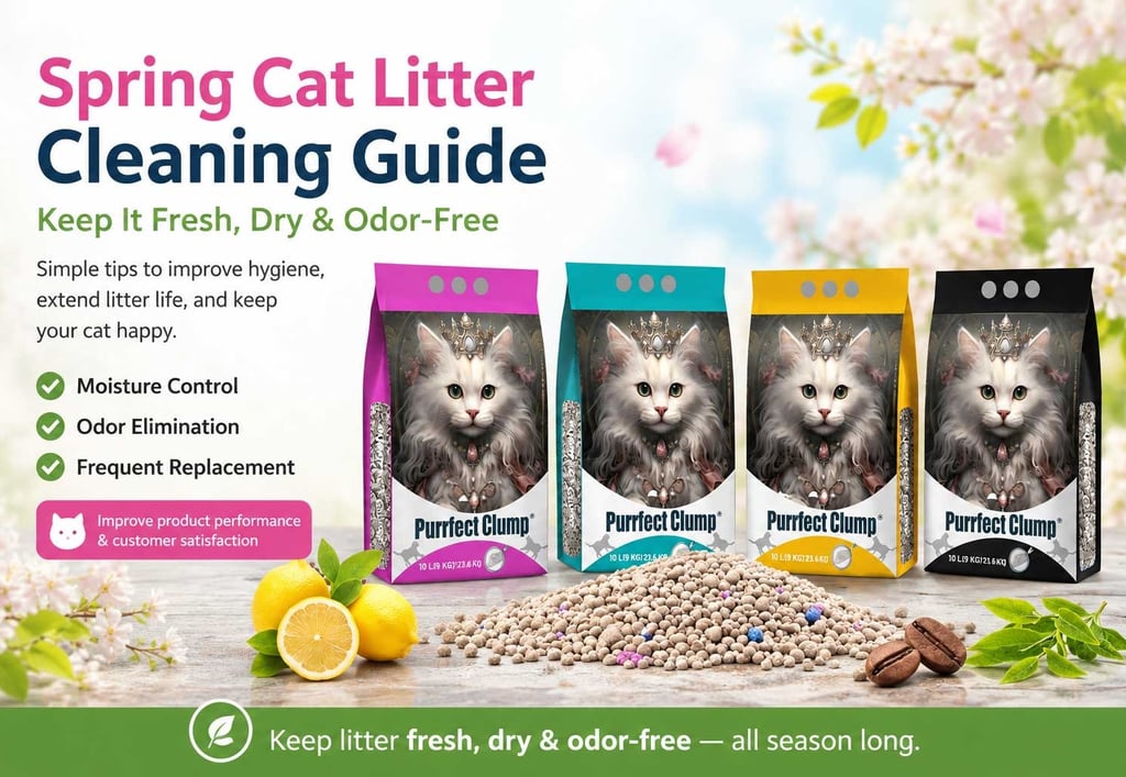 Spring cleaning tips for cat litter box maintenance featuring PURRFECT CLUMP private label products 