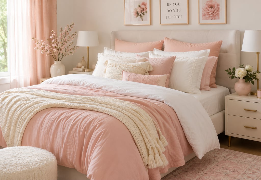 layered girly bedroom bedding with velvet pillows and knit throw