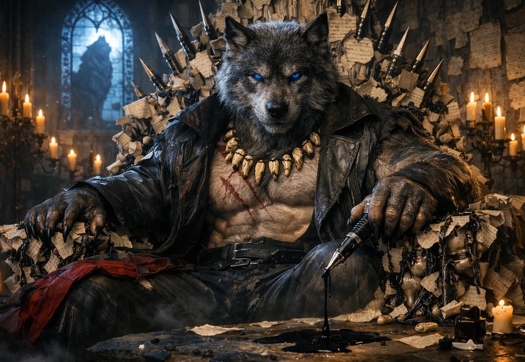 A powerful werewolf king with blue eyes sitting on a spiked throne in a gothic library.