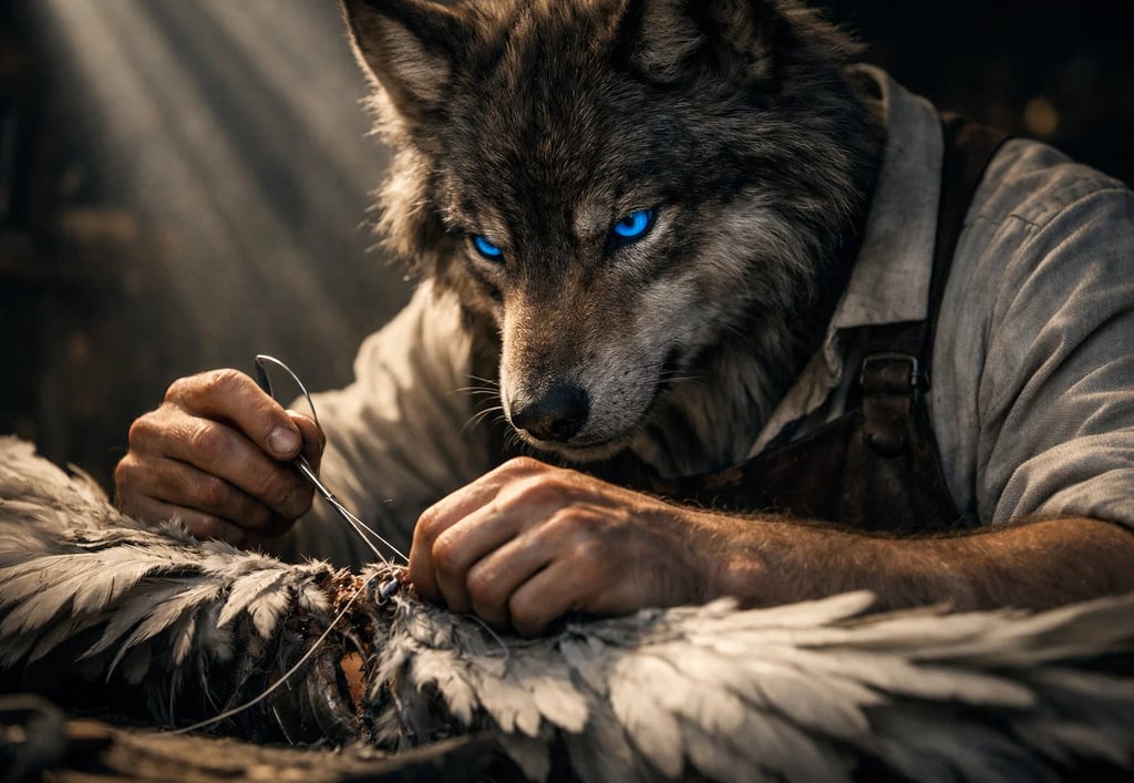 a wolf - like creature creature with blue eyes