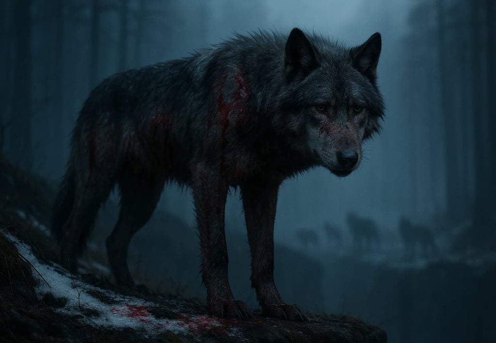 a wolf in the woods with blood on the ground