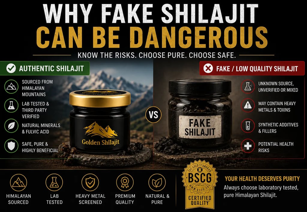 Comparison infographic between pure authentic Himalayan shilajit resin and dangerous fake shilajit.
