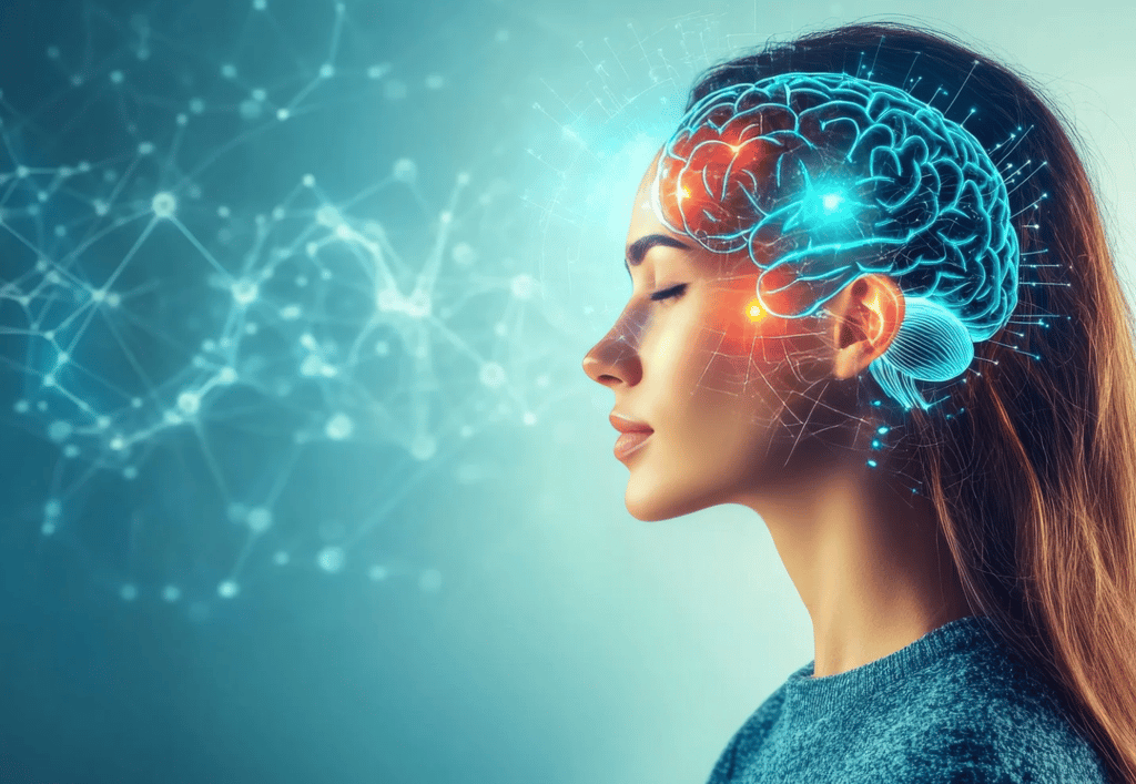 Digital illustration of a woman with a glowing blue brain and neural network connections representing mental health.