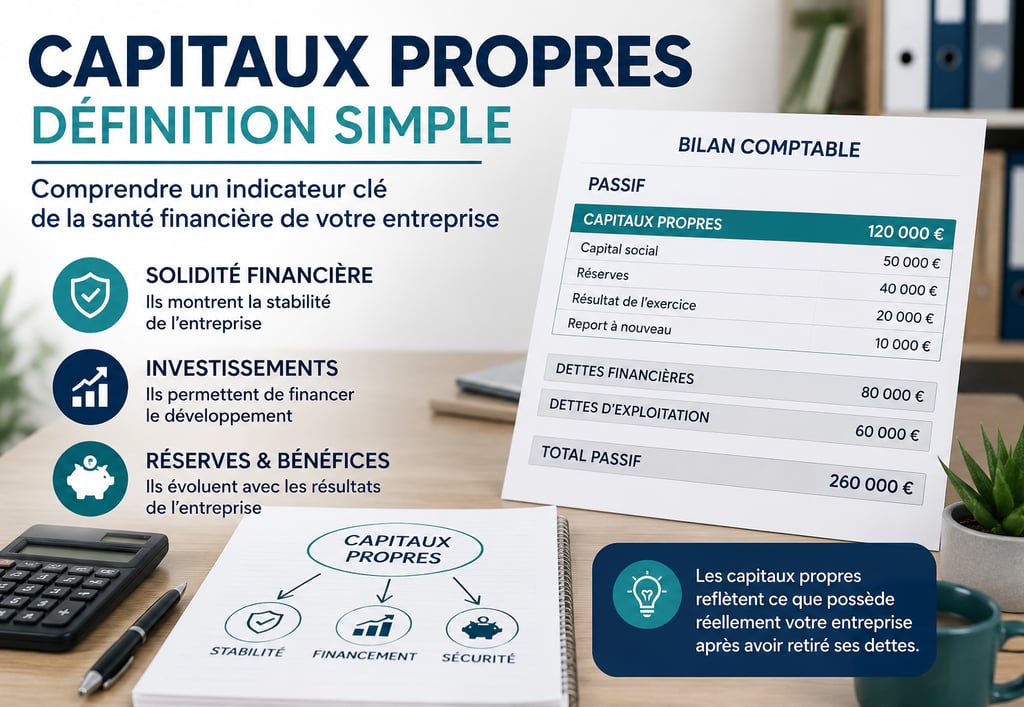 Illustration pédagogique des capitaux propres dans un bilan comptable avec graphiques financiers.