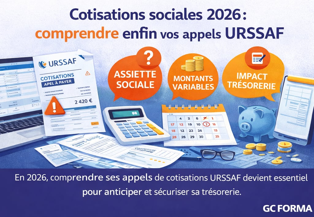 Illustration explicative des cotisations sociales 2026 et des appels URSSAF pour les indépendants : 