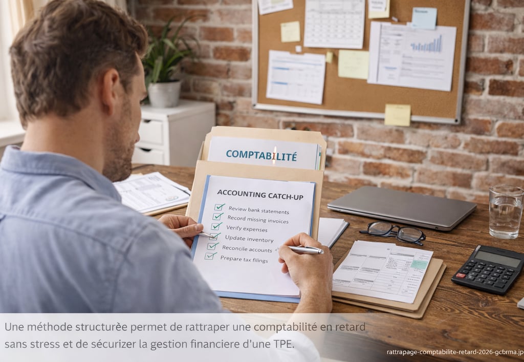 Rattrapage d’une comptabilité en retard dans un bureau organisé avec checklist financière et documen
