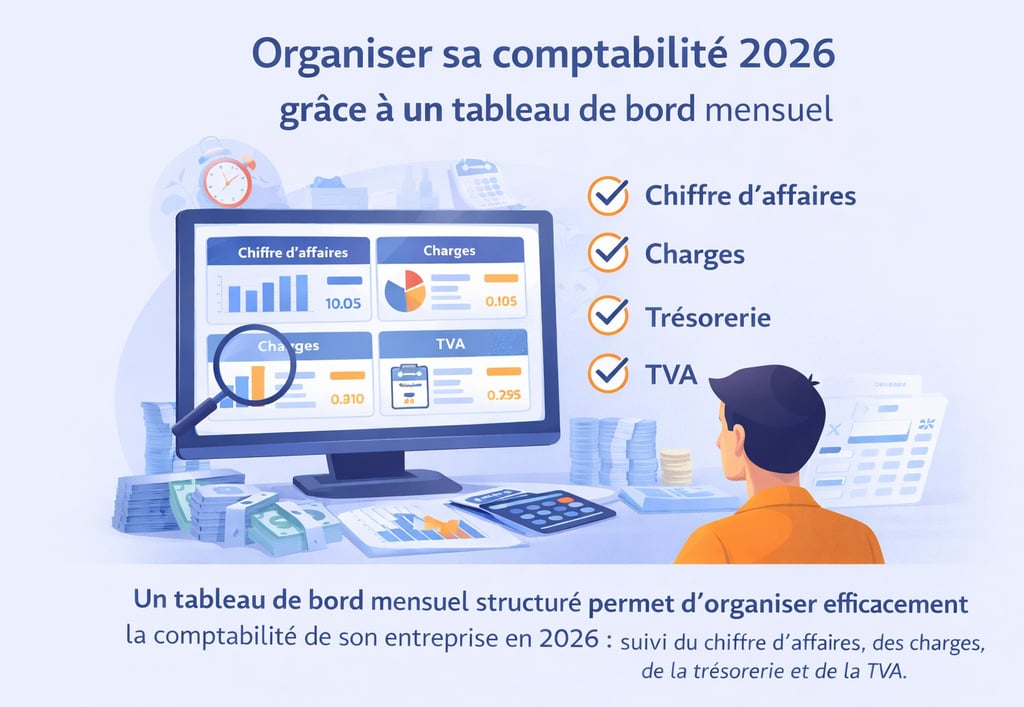 Tableau de bord comptable mensuel permettant d’organiser la comptabilité 2026 avec le suivi du chiff