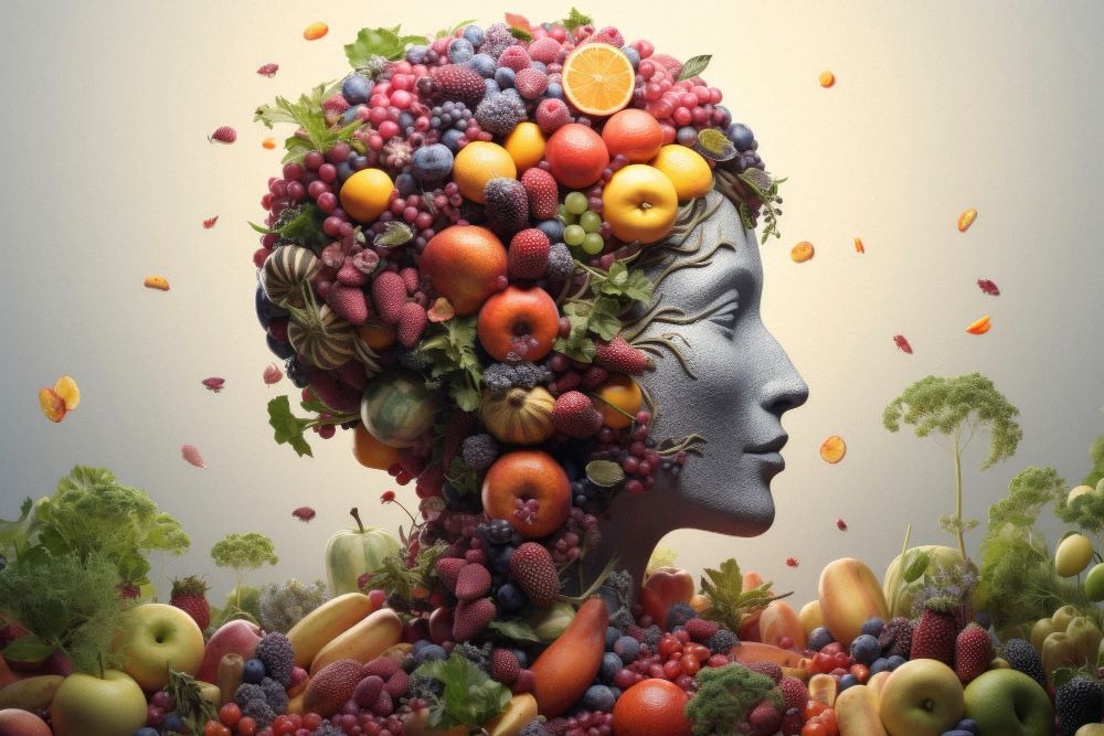a woman with a large head of fruit and vegetables