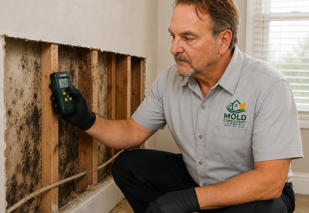 A mold inspector uses a moisture meter to test for water damage and mold growth inside a wall.