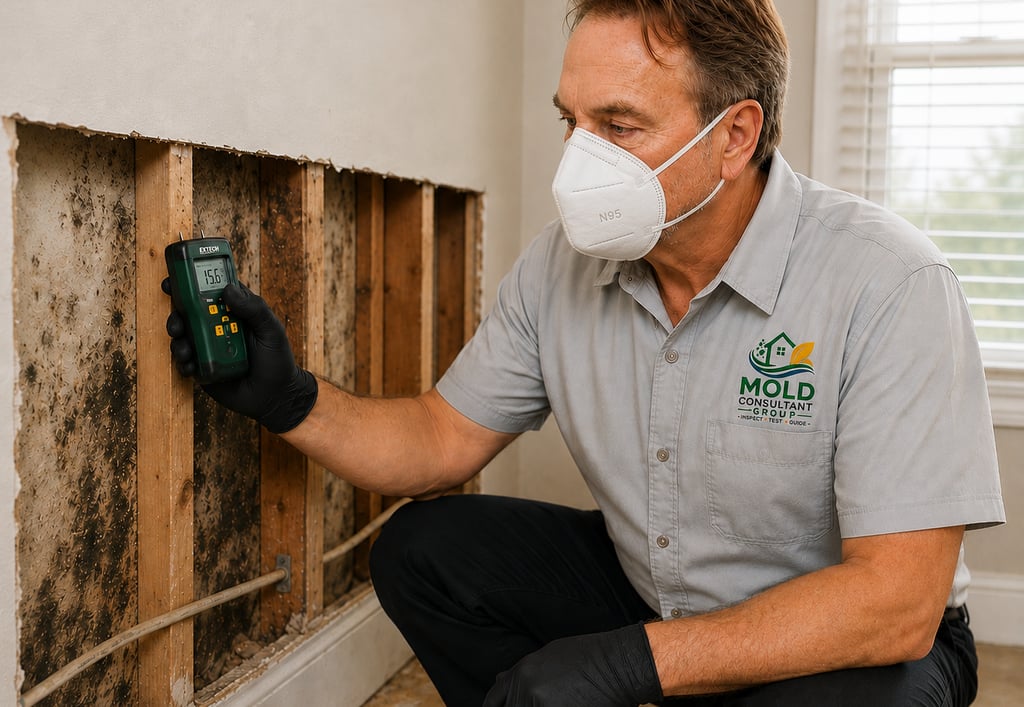 A mold remediation professional wearing an N95 mask uses a moisture meter to inspect wall studs for water damage and growth.