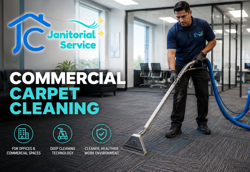 Professional janitor performing commercial carpet cleaning in a modern office space.