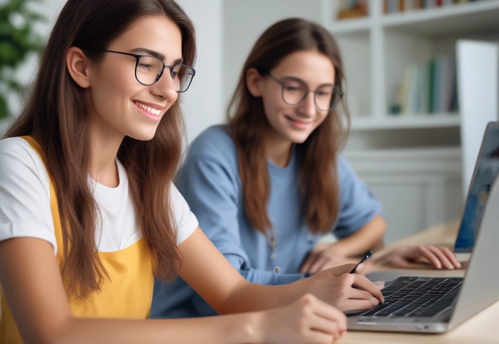 A classroom scene featuring a group of students sitting at desks. Some students are writing, while others are posing and looking towards the camera. The room is equipped with desks, papers, and a blackboard displaying various images and scripts. Windows are visible in the background, letting natural light in.