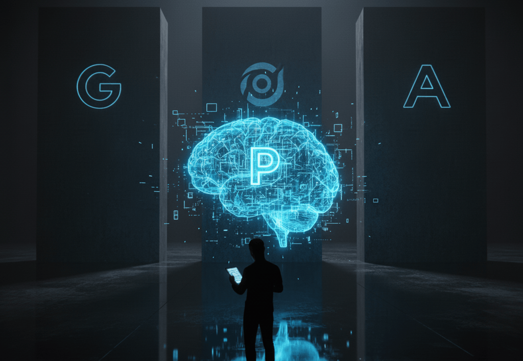 Una persona analiza un cerebro de IA brillante, eclipsado por gigantescos monolitos de Google y OpenAI.