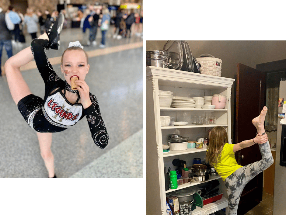 two pictures of baylor holding a scale body position