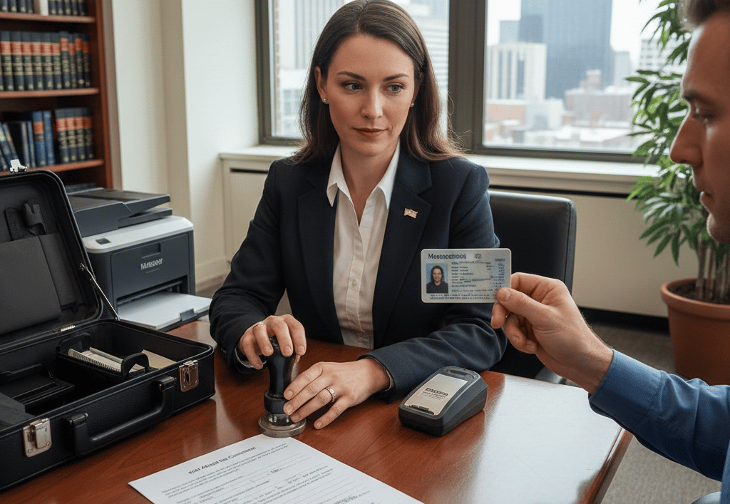 Notary public notarizing an RMV Affidavit for Correction in Massachusetts