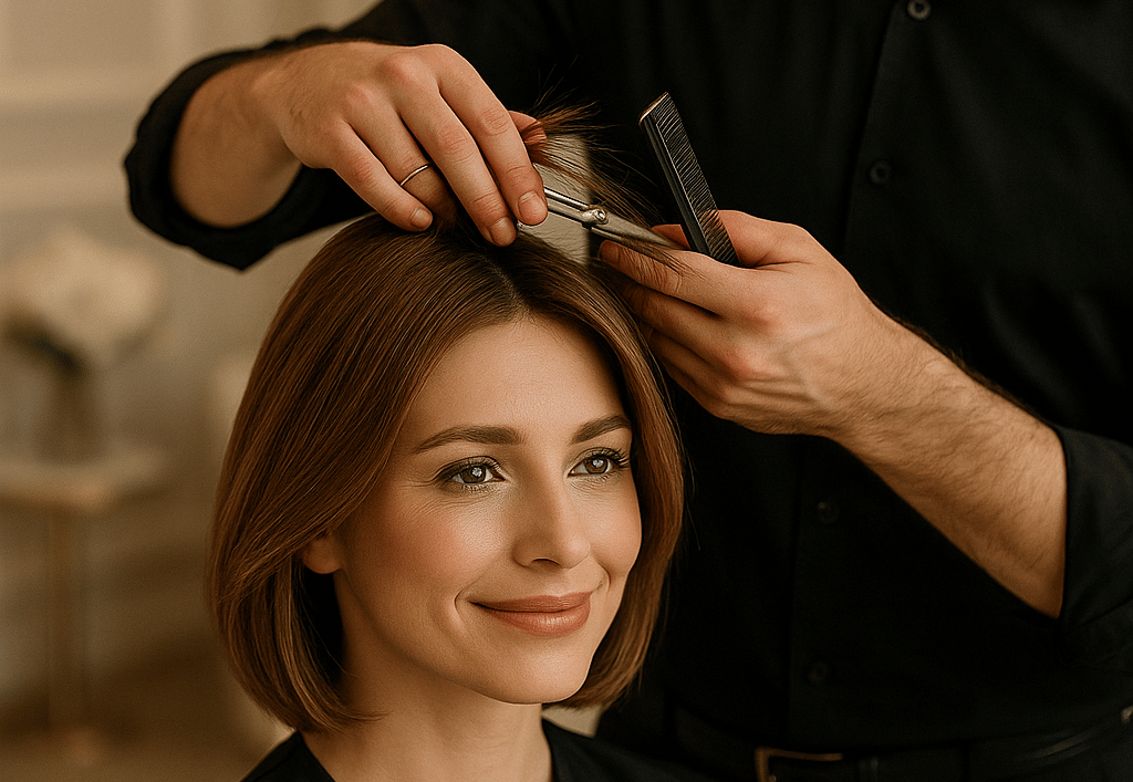 Mulher elegante com cabelos castanhos em corte bob, sentada em um salão de beleza sofisticado, sorrindo levemente enquanto um
