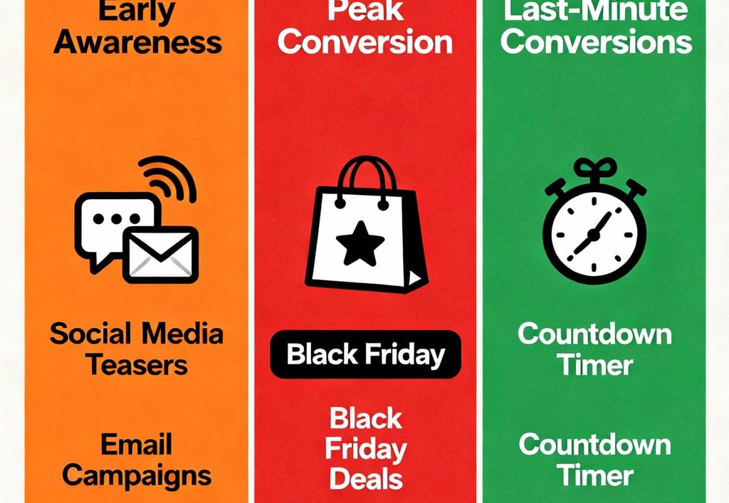 3-phase holiday marketing timeline: October awareness, November peak sales, December conversions