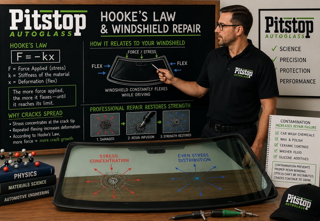 Pitstop Autoglass Hooke's Law and windshield repair physics using a chalkboard and glass diagram.