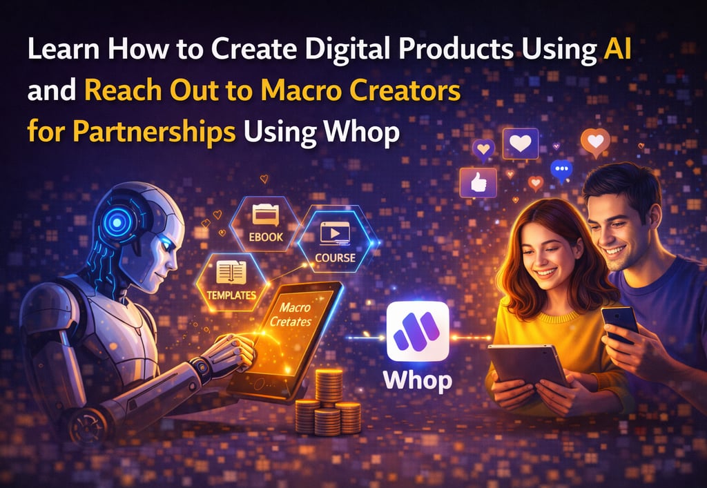 A futuristic guide on using AI and Whop to create digital products and partner with macro creators.