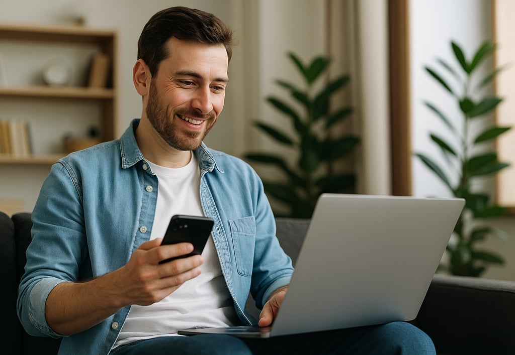 Homem sorridente usando inteligência artificial no cotidiano, sentado em uma sala moderna com laptop