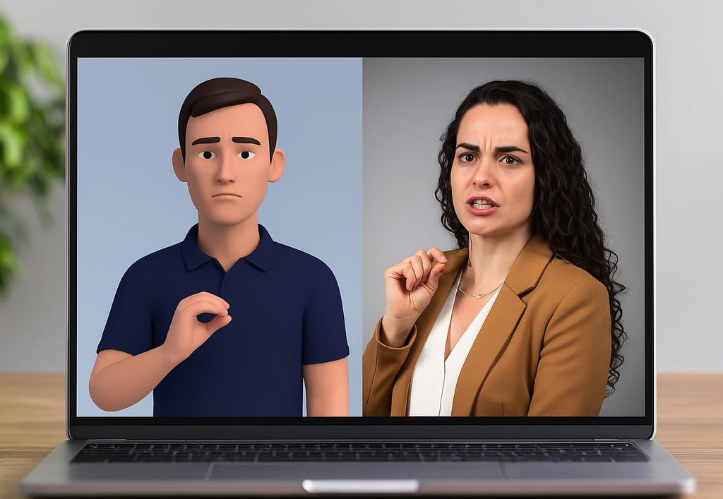 na tela de um notebook um avatar faz libras ao lado mulher cabelos cache dos faz o mesmo sinal