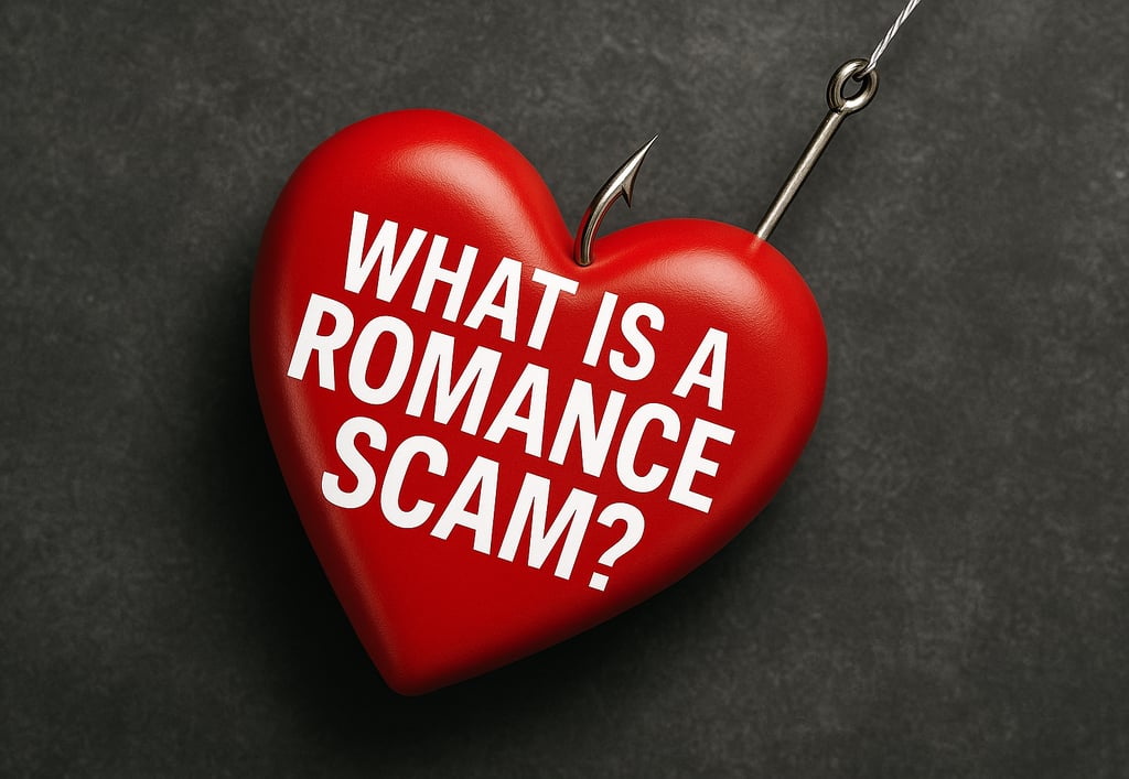 A red 3D heart pierced by a fishhook with the words “What is a Romance Scam?” written in bold white 