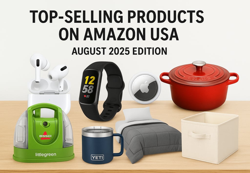 Top-selling Amazon USA products August 2025 on white background.