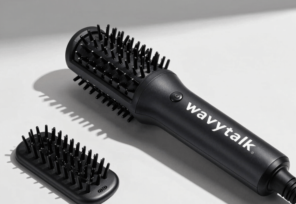 A black Wavytalk thermal hair straightening brush with a detachable brush head for versatile styling.