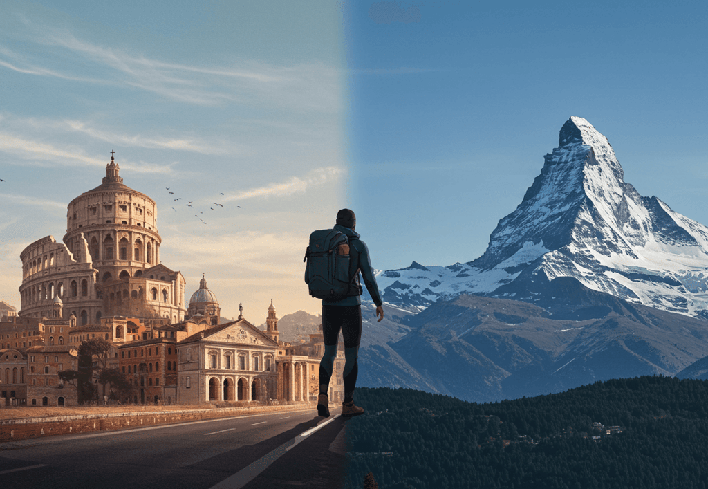 Digital art depicting a traveler in adaptable clothing walking smoothly from a vibrant city