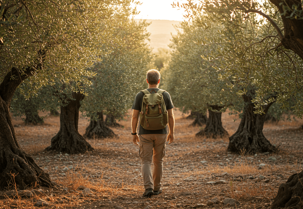 Man using a Modern Travel Backpack while walking by trees