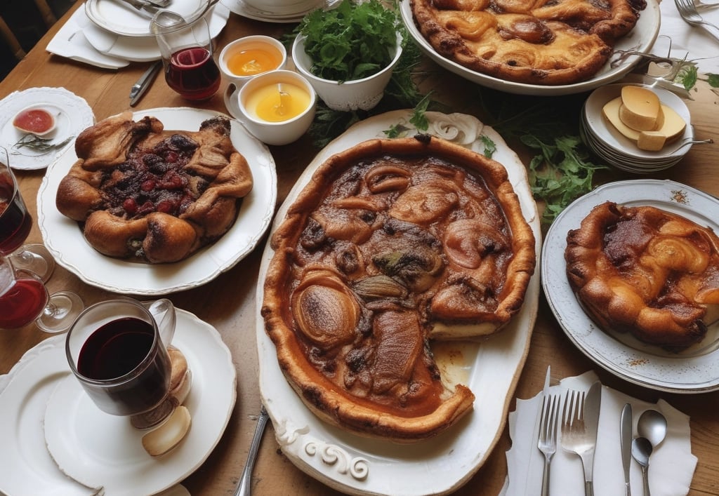 Traditional French Dishes like Coq au Vin, Quiche Lorraine, and Tarte Tatin beautifully served on a 