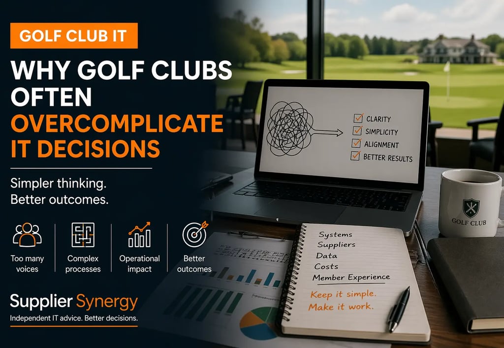 Golf clubhouse workspace with laptop and data charts representing overcomplicated IT decision making in golf clubs